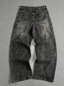 Manfinity ZONE917 男士纽扣口袋直筒休闲宽松牛仔裤，街头潮流百搭 - 灰色 - 查看 7