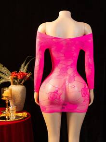 SHEIN 1件女士甜心领长袖透视性感网纱连衣裙 - 玫紅色 - 查看 5