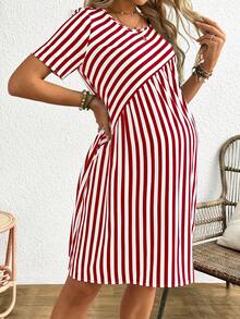Boho Mama 孕妇条纹短袖圆领连衣裙 - 紅白色 - 查看 4