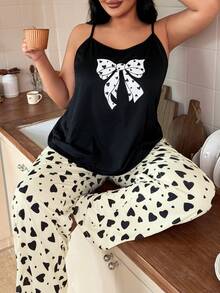 SHEIN Plus Size Women Bow & Heart Print Camisole & Pants Pajama Set - Black - View 1