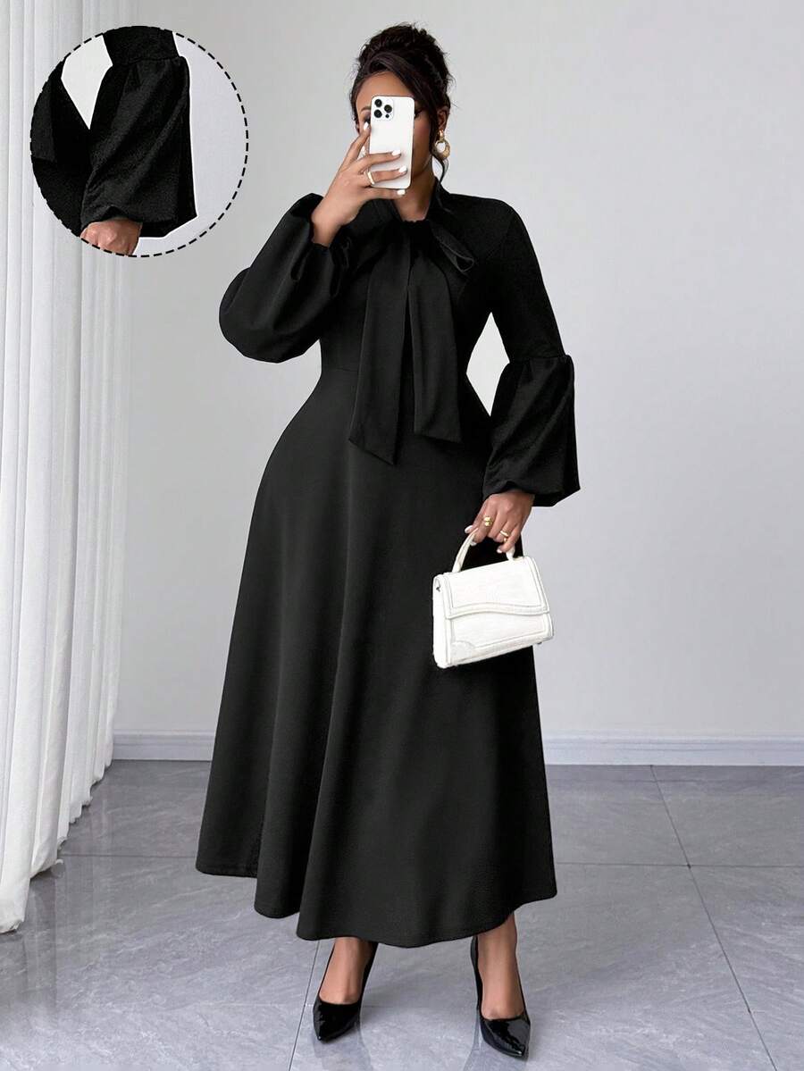 Maweii Women's Spring, Autumn & Winter Puff Sleeve Tie Bow Flare Hem Black Minimalist Elegant Sophisticated Fashion Niche Design Must-Have Daily Versatile Elegant Maxi Dress, Plus Size - Black - View 1