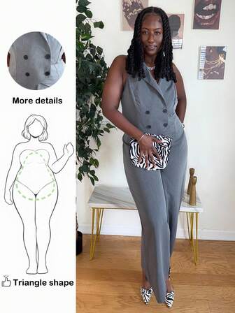 Truni Plus Size Elegant Business formell väst och byxor med skårad krage i 2 delar, lämplig för pendling och daglig användning