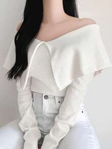 DAZY 1pc Women's Off-Shoulder Long Sleeve Cropped Top, Unique Design - Beige - View 4