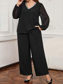 EMERY ROSE 2pcs Plus Size Elegant Sequin Patchwork Lantern Sleeve Top And Pants Set, Autumn Plus Size Party Outfit Plus Size Office Wear Plus Size Women Clothes Set Plus Size Elegant Outfit Valentine Outfits For Women Spring Break Outfits Summer Holiday Outfits Carnival Weddings & Events Elegant Dress Women