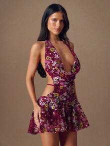 SHEIN BAE 女士亮片花卉刺绣露背吊带迷你连衣裙 - 酒紅色 - 查看 6