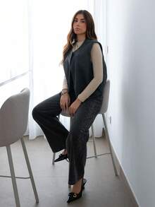 Hitanina Women's Solid ColorRound Neck Casual Sleeveless Woolen Vest Jacket, Casual Wool Blend Coat,Autumn/Winter,Grey Coat,Business Casual Women's Wear,Suitable For Daily Commuting Wear,Fall