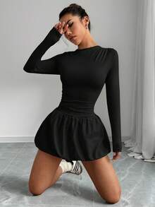 Vestido Corto De Mujer Con Cuello Redondo,Manga Larga, Pliegues,Casual Y Con Bajo Estilo Tulipán De Unicolor - Negro - Ver 5