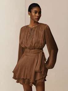 Vesra 杏色系带长袖荷叶边下摆设计女士短裙 - 咖啡 - 查看 6