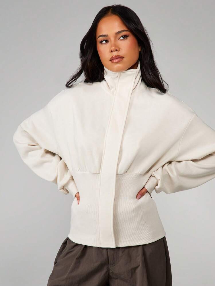 MISSGUIDED Funnel Neck Cinched Waist Sweatshirt Long Sleeve Ribbed Hem Pull Over Top Cozy Winter Casual Comfort