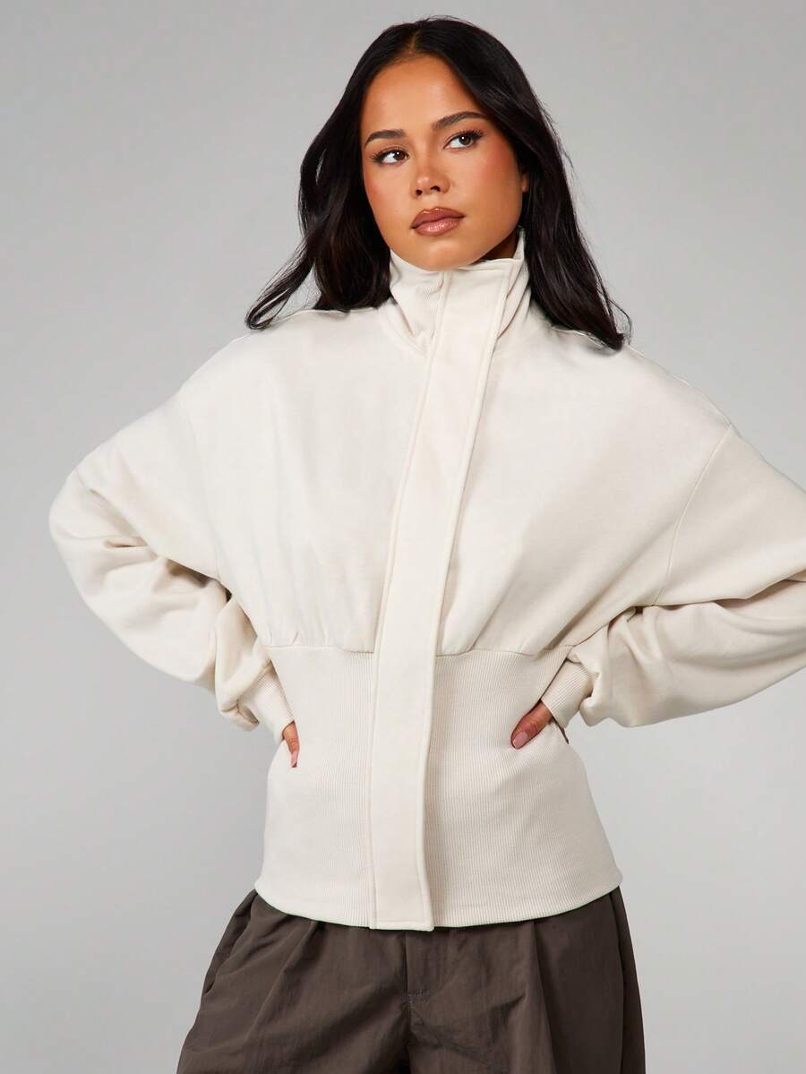 MISSGUIDED Funnel Neck Cinched Waist Sweatshirt Long Sleeve Ribbed Hem Pull Over Top Cozy Winter Casual Comfort - Apricot - View 1