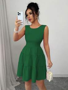 Vestido corto para mujer con cuello redondo liso, sin mangas y diseño de lazo en la espalda - verde claro - Ver 5