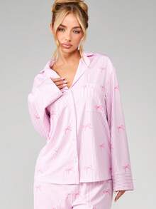 MISSGUIDED Women Striped Button Front Long Sleeve Pajama Set With Bow Print And Collared Shirt Lounge Sleepwear