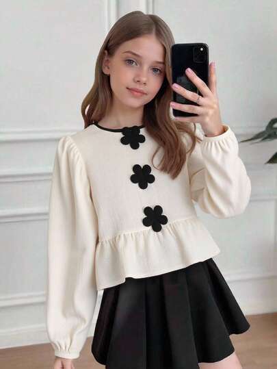 Elladie kids Plusstorlek flickskjorta med rund hals och långärmad texturerat tyg, blommönster i kontrastfärg, plusstorlek