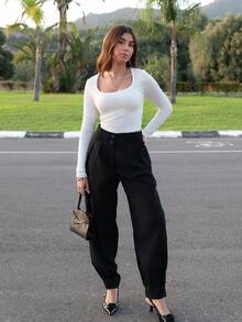 Hitanina 2pcs/Set Sexy Wide Neck Long Sleeve Form-Fitting T-Shirt - Black and White - View 4