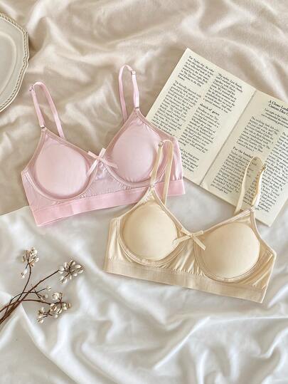 Tween Girl Solid Color Bow Decor Comfortable Bra