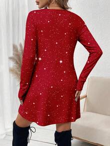 SHEIN LUNE Women's Casual Long Sleeve Glitter Party New Year Mini Dress, Suitable For Autumn/Winter Spring Red Sparkly Dress - Multicolor - View 8