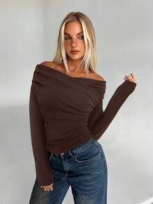 Aloruh Dark Brown,Autumn,Chic,Night Out Women's Off The Shoulder Long Sleeve Knit Top,Elegant Shoulder Cutout Coffee Brown T-Shirt,Cozy Fall Winter Office - Coffee Brown - View 5