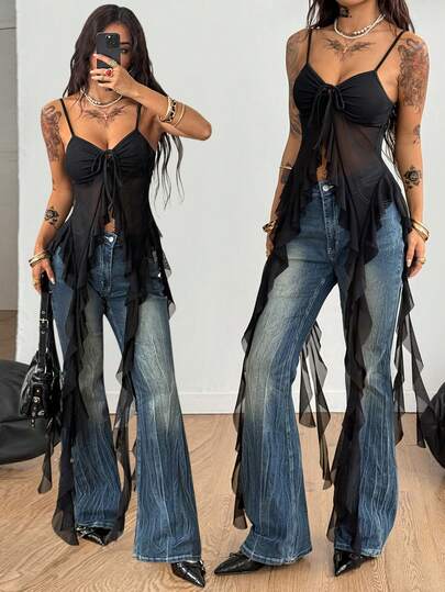 Coolane Parte superior de tirantes negra con volantes, elástica, estilo vintage Y2K para mujer, apta para uso diario, conciertos, festivales de música, citas nocturnas