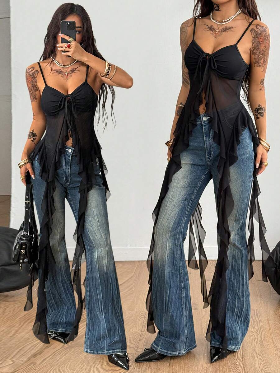 SHEIN X YERIMUA Coolane 女士冬季街头服饰音乐会音乐节约会之夜复古Y2K弹力荷叶边黑色无袖吊带背心，黑色上衣，性感上衣