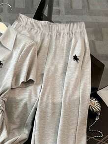 Resyla 2pcs Women Casual Pleated Short Sleeve Top & Pants Set - Grey - View 4