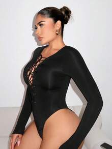 VaVaBold 女士长袖深 V 领交叉系带紧身衣 - 黑色 - 查看 5