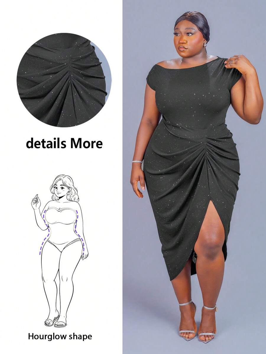 CurvyTilda Vestido midi asimétrico con abertura, de punto elástico y cómodo, con detalles recogidos, hombros descubiertos y drapeado, para mujeres de talla grande, elegante para fiesta, citas, Pascua, graduación, club, primavera, verano, vacaciones, cumpleaños, boda, concierto, con lentejuelas - Negro - Ver 1