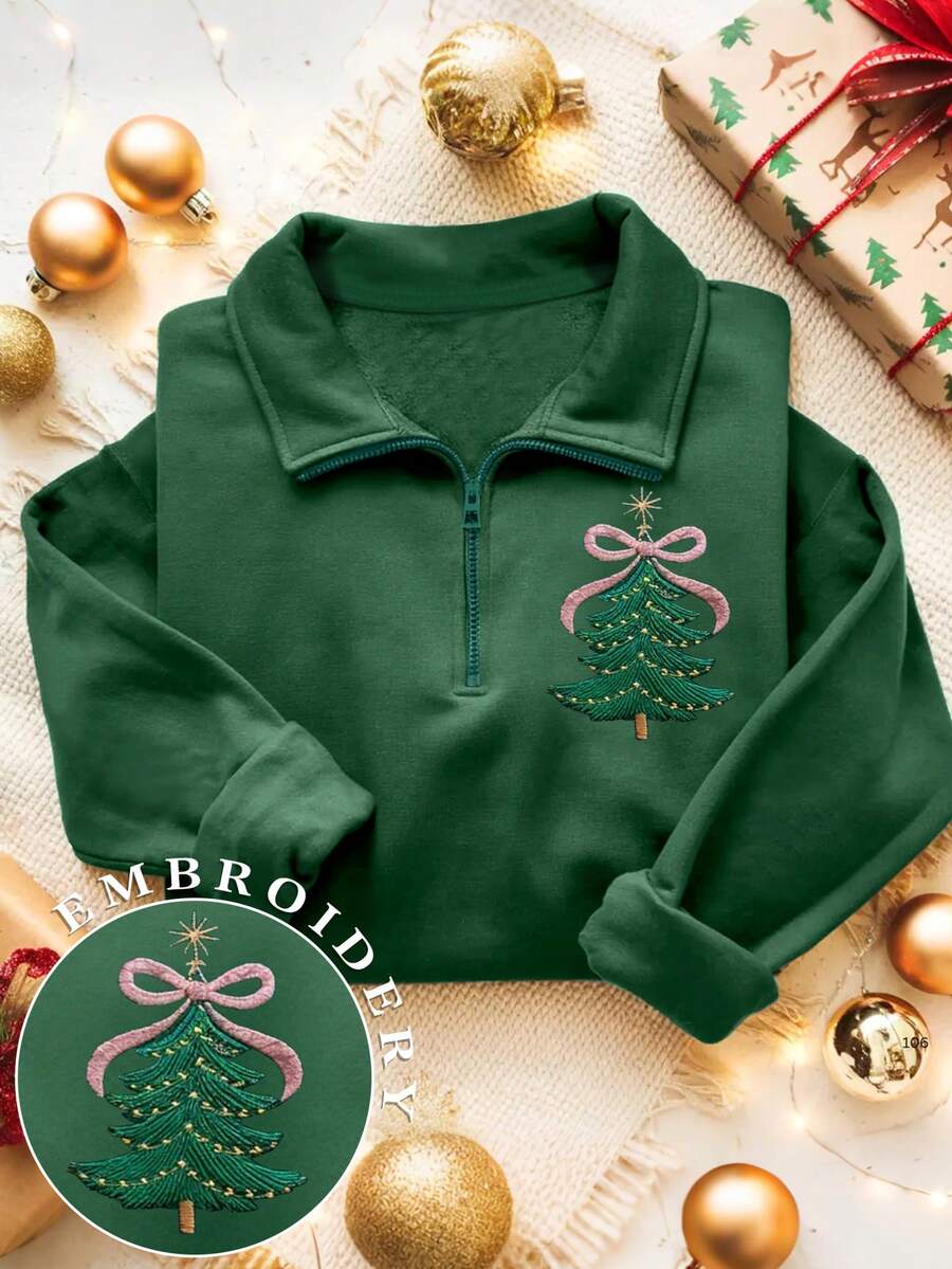 INAWLY Women's Sweatshirts/Half-Zip Casual Round-Neck Sports Tops/Christmas Tree Bow Print/Christmas Sweatshirts, Christmas Gifts/Embroidery Crafts/Women's Loose Casual Polo-Neck Sports Tops/Autumn And Winter - Green - View 1