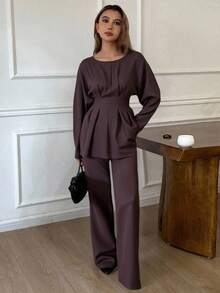 DAZY Women's Solid Color Round Neck Long Sleeve Shirt And Loose Pants 2 Pieces Set, Vacation Lounge Sets For Women Petite - Brown - View 9
