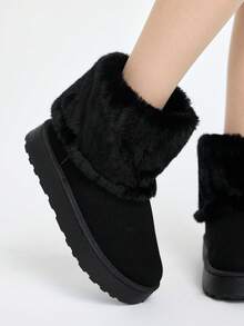 ROMWE Grunge Punk 2025 新款女式雪地靴，厚底厚底短靴，保暖内衬，休闲保暖平底中跟舒适防滑中筒靴，毛绒领口一脚蹬时尚高端，尺码偏大 - 黑色 - 查看 3