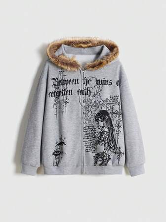 Grunge Punk Y3K Cyber Sigilism Print Patchwork Faux Fur Collar Loose Fit Hoodie Sweatshirt For Women