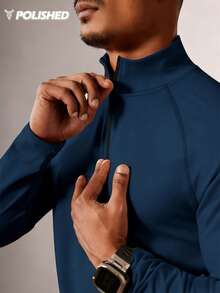 Acti Log Camiseta deportiva de manga larga con cuello alto de punto azul marino para hombres, para entrenamientos activos. Camisetas de compresión de manga larga para gimnasio, camisas ajustadas de spandex para gimnasio - Azul Marino - Ver 8