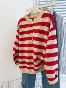 Resyla Women's Casual Dropped Shoulder Long Sleeve Striped Crew Neck Sweater - Multicolor - View 4