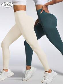 SHEIN Velisys Bộ 2 quần tập yoga cạp cao họa tiết, quần legging chạy bộ và tập luyện - Nhiều màu - Xem 5