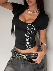 StreetHx 女士黑色U领修身舒适银色字母印花朋克摇滚Y2K坏女孩休闲街头风学院风2000年代风格短袖T恤 - 黑色 - 查看 4