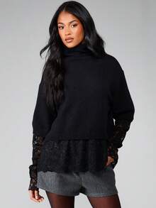 MISSGUIDED Turtleneck Cropped Long Sleeve Lace Detail Hem Jumper Sweater Fall Winter Casual Layering Top - Black - View 6