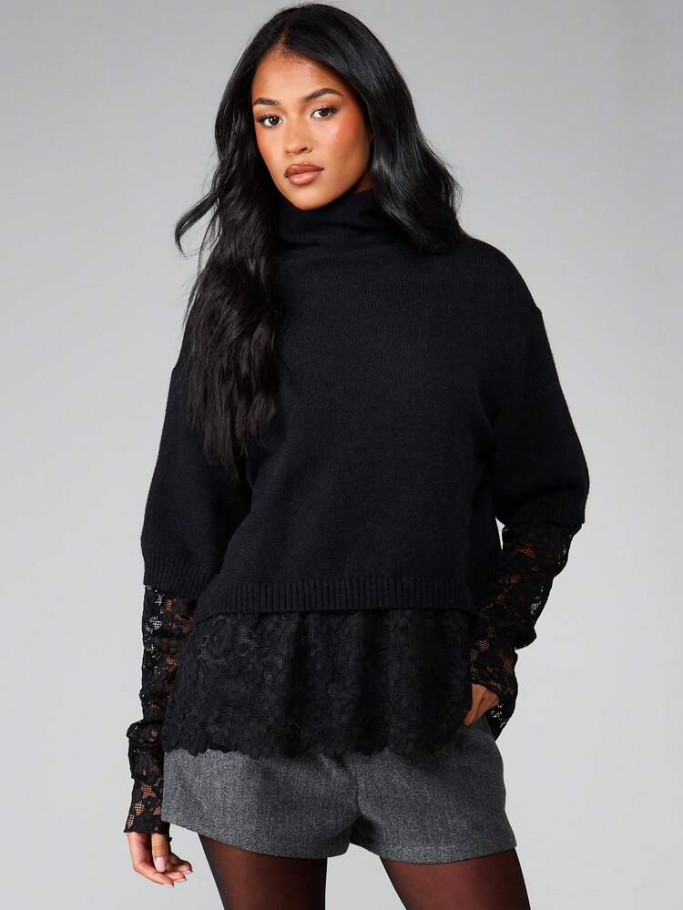 MISSGUIDED Turtleneck Cropped Long Sleeve Lace Detail Hem Jumper Sweater Fall Winter Casual Layering Top