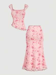 SHEIN MOD 女士印花上衣和裙子两件套 - 粉色 - 查看 3