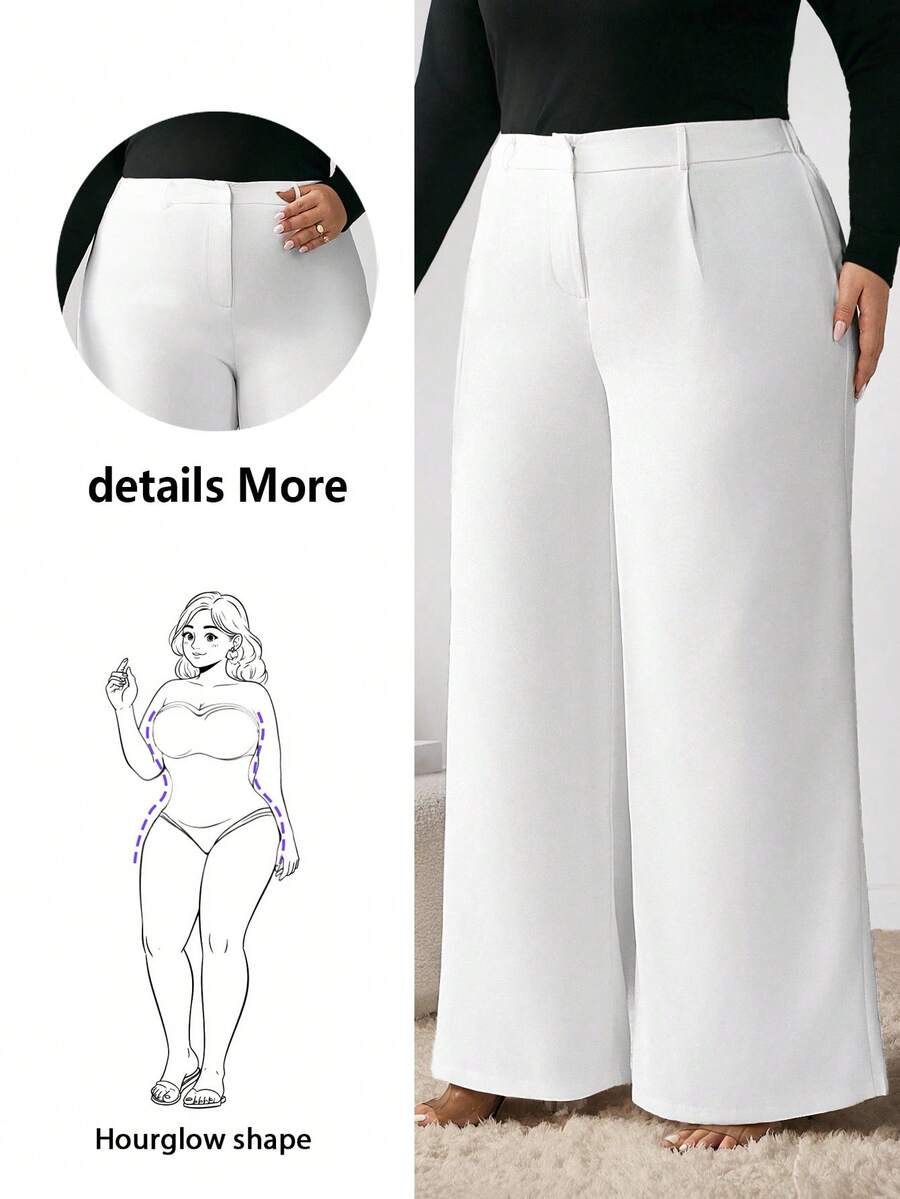 Enliva Ry2ky Plus Size Solid Color Wide Leg Pants, For Apple Rounded Body Shape, For Body Shape, For Summer - White - View 1