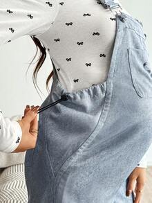 SHEIN 2件套孕妇休闲/办公室蝴蝶印花长袖上衣和背带裤套装 - 藍色 - 查看 8