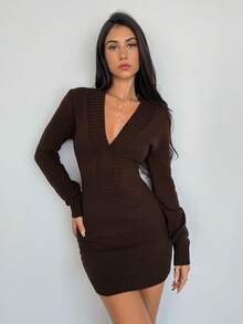 Aloruh Váy ôm sát cơ thể màu nâu cổ chữ V gợi cảm mới cho nữ mùa thu/đông, phù hợp cho những buổi đi chơi thường ngày - màu nâu - Xem 5