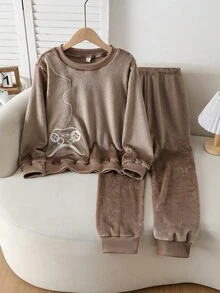 2pcs/Set Boys Plush Green Casual Loose Soft Long Sleeve Top And Pants Pajama Set Boys Lounge Set