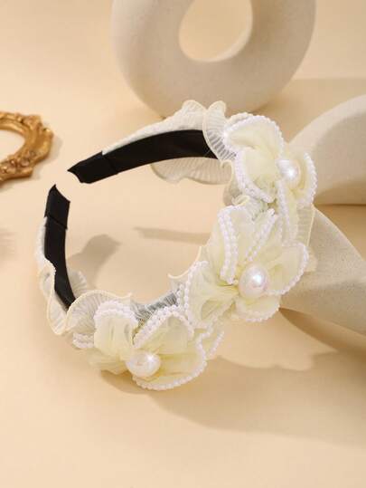 Enchnt 1 件仿珍珠花饰荷叶边头带优雅情人节、发带、发箍、发饰头带