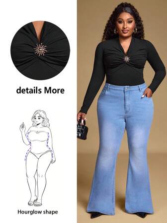 Hourglow Camiseta de manga larga con pliegues, ajuste delgado y decoración de metal, talla grande, para otoño/invierno