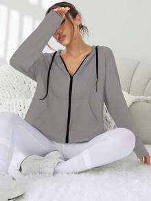 SHEIN Sports Women's Solid Color Long Sleeve Mesh Patchwork Zipper Front Hooded Sports Jacket - Grey - View 6