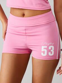 Missguided x Playboy Logo Sports Set With Crop Top And High Waist Shorts Athletic Two Piece Outfit - Pink - View 4