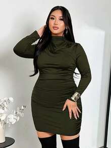 Firerie Plus Size Elegant Olive Green Autumn Long Sleeve Mini Dress, Night Out Club Ruched Turtle Neck Bodycon Dress,Curve Fitted Valentine's Day Outfit - Army Green - View 5