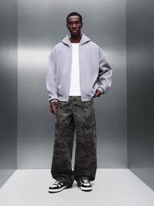 PLAYBOY X SUMWON Quần jean nam ống rộng, chất liệu denim sần, dáng suông thoải mái, dài đến mắt cá chân, kiểu dáng thường ngày, thích hợp mặc vào mùa đông và thu. - xanh quân đội - Xem 3