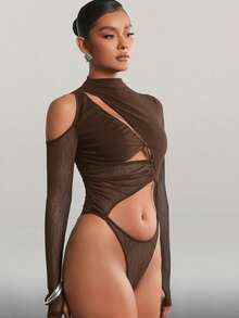 Hauture 女士纯色长袖镂空性感时尚连体衣 - 棕色 - 查看 5