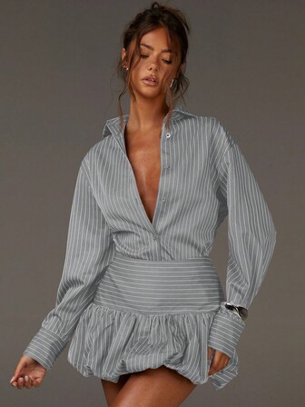 Athîral 女士休闲套装，女士秋季穿搭，棕色泡泡裙和衬衫，棕色条纹