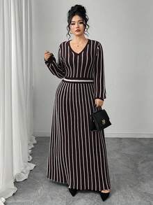 Modelyn Plus Size V-Neck Raglan Sleeve Lantern Sleeve Casual Knit Dress, Polar Fleece - Burgundy - View 1